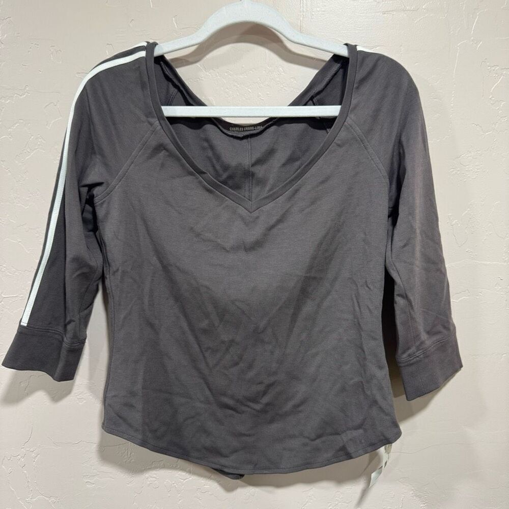 New with tags Charles Chang-Lima Grey Top with Stripe on Sleeve